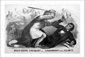 Литографска карикатура, изобразяваща нападението на Престън Брукс срещу Чарлз Съмнър в залата на Сената на САЩ. Wikimedia Commons
