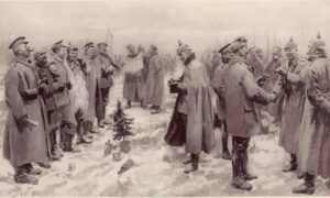 (Коледно примирие, впечатление на художник от The Illustrated London News, 9 януари 1915 г. А. К. Майкъл. Wikimedia Commons)