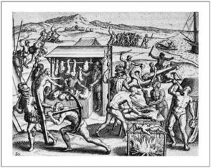 Теодор дьо Брай, изображение на испанските зверства в Новия свят, XVI в. Wikimedia Commons
